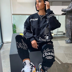 Women Outfit Letter Print Loose 2 Two Piece Set Streetwear Tracksuit Sweatshirt Joggers Pants Matching Ensemble Femme 2 pieces