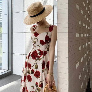 Women's Summer Elegant Floral Print Rose Strap Midi Dress Sleeveless Casual Beach Party Sundress Female Fashion A-Line Vestidos