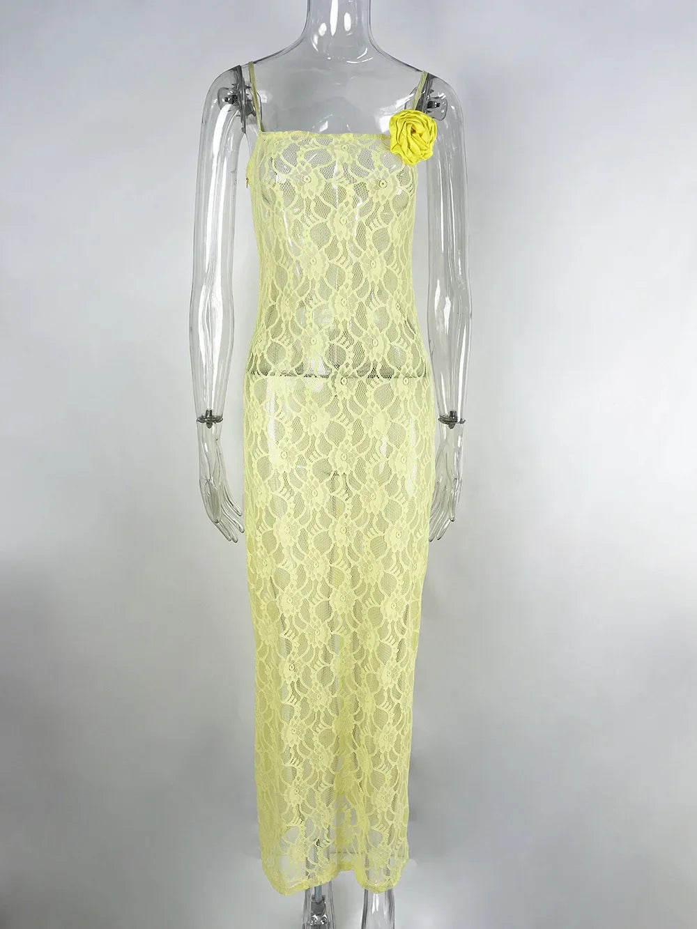 Yellow Lace Maxi Dress Women Fashion Spaghetti Strap Long Evening Party Dresses Sexy See Through Club Night Summer Dress 2024