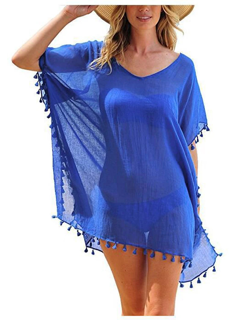 Summer Chiffon Tassels Beach Dress Women Swimwear Bikini Cover Up Female Mini Loose Solid Pareo Tops Swimsuit