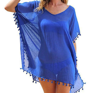 Summer Chiffon Tassels Beach Dress Women Swimwear Bikini Cover Up Female Mini Loose Solid Pareo Tops Swimsuit