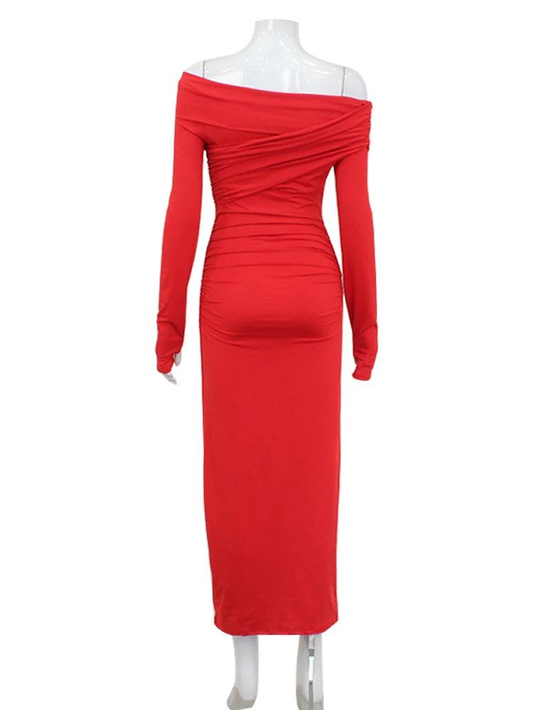 CNYISHE Red Strapless Sexy Club Women Dresses Slash Neck Long Sleeve Sheath Outfits Fashion Slim Bodycon Female Vestidos Robes