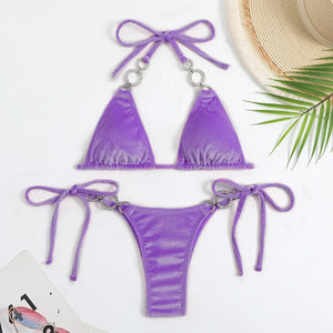 Purple Velvet Swimsuit Sexy String Halter Triangle Bikinis Set Mujer Micro Thong Swimwear Women Biquini Bikinis Set Bathing Suit