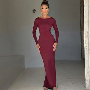 Autumn Winter Sexy Backless Bodycon Ruched Evening Party Maxi Long Dress Outfit for Women Long Sleeve Black Club Dresses Vestido