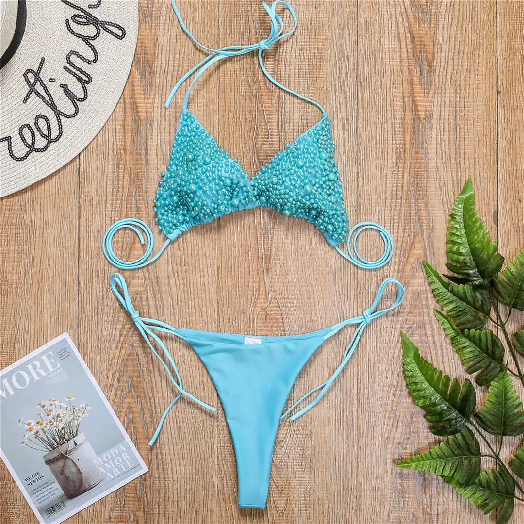 Sexy Halter Mini Bikini Female Swimsuit Women Swimwear Two-pieces Bikini set Luxury Pearl Bather Bathing Suit Swim Lady V2090