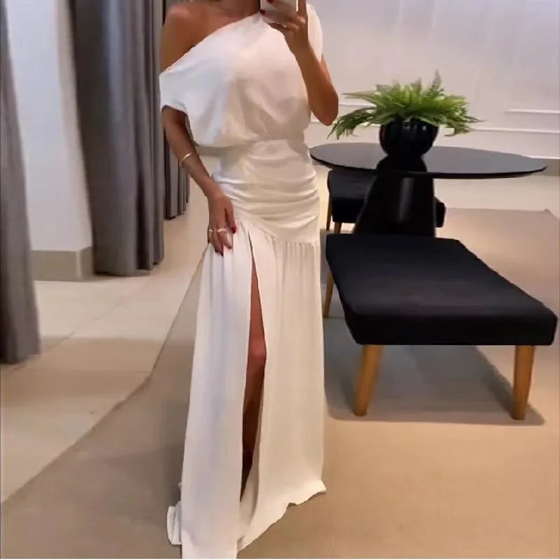 Summer Fashion Elegant Oblique Neck Split Evening Dress Women Sexy Off Shoulder Solid Split Dress Women