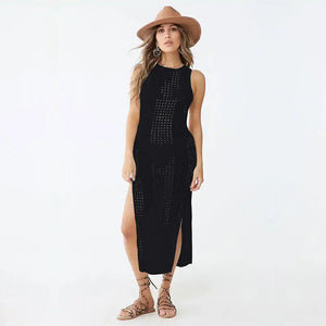 White Crochet Mesh Sleeveless Slit Wrap Beach Dress 2023 Autumn Woman Sexy Hollow Out Knitted Beachwear Swimsuit Cover-ups Q1513