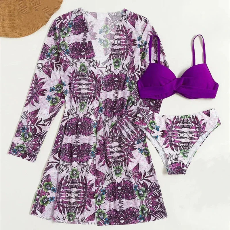 Floral Print 3 Pieces Swimsuit Women Strappy Bikini Set+Long Sleeve Blusas Cover-Up Swimwear Sexy Low Waist Push Up Bathing Suit