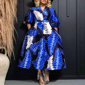 Plus Size 5XL VONDA Maxi Long Dress 2024 Summer V-Neck Printed Puff Sleeve Dress Women Sundress Casual Belted Robe Vestido