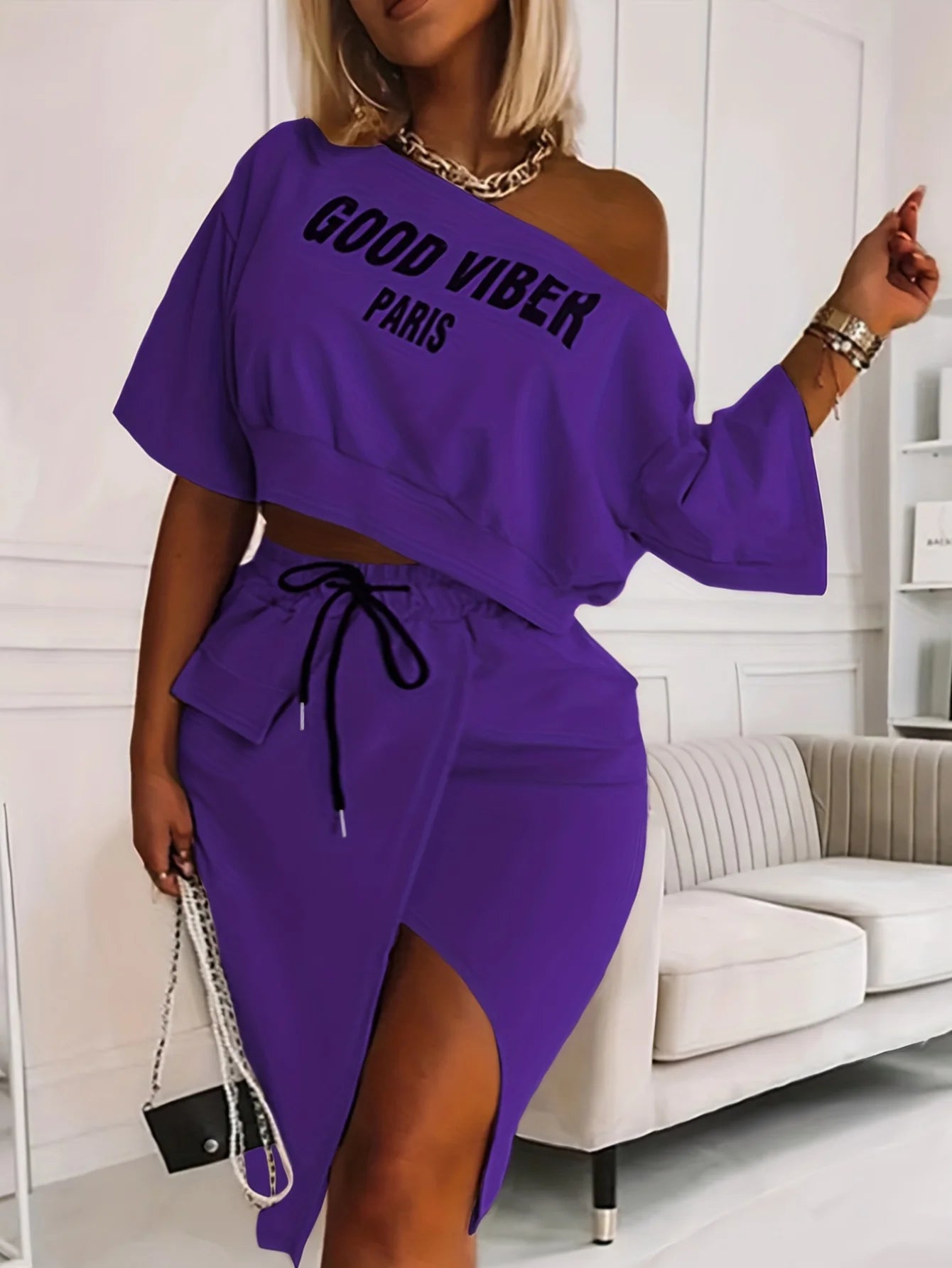 LW Plus Size Two Piece Good Viber One Shoulder Letter Print Set Crop Top+High Split Skirt Elegant Matching Outfits For Women