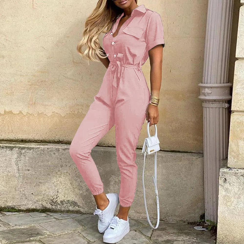 New Summer Jumpsuit Women Elegant Casual Lapel Buckle Printed Female Jumpsuit Woman Trousers Playsuit Overalls Bodysuit Romper