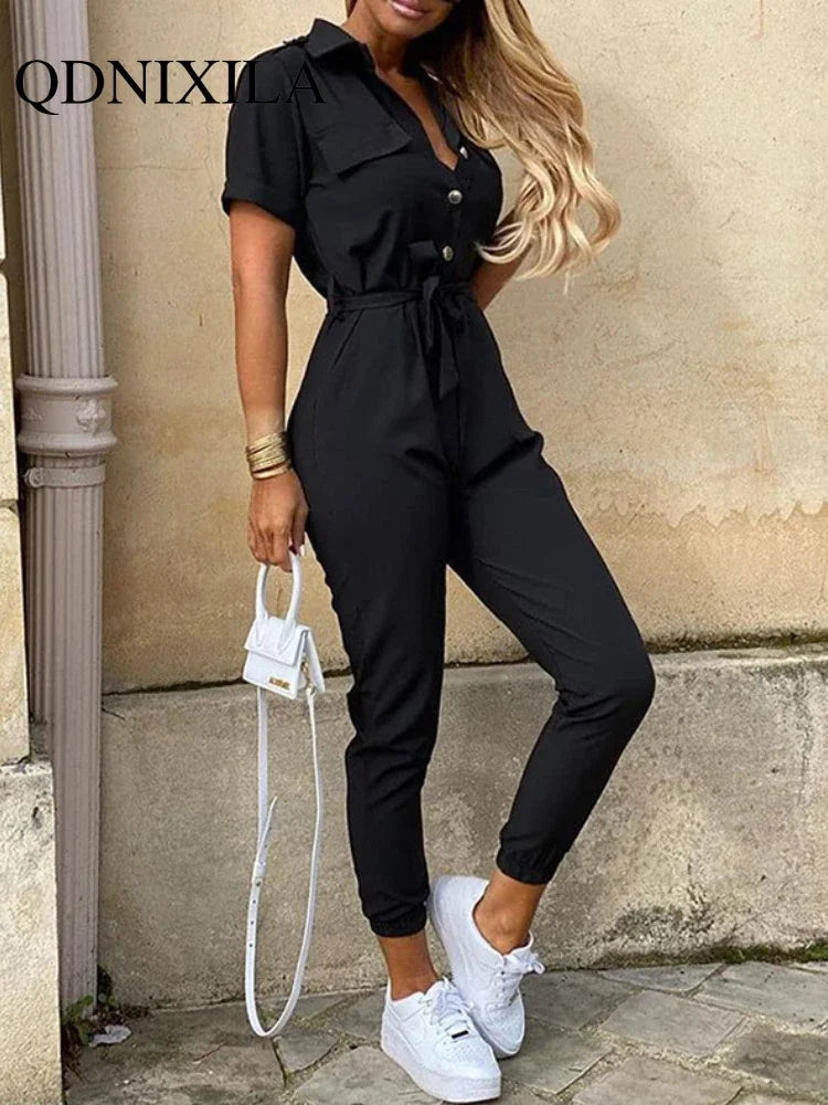 New Summer Jumpsuit Women Elegant Casual Lapel Buckle Printed Female Jumpsuit Woman Trousers Playsuit Overalls Bodysuit Romper