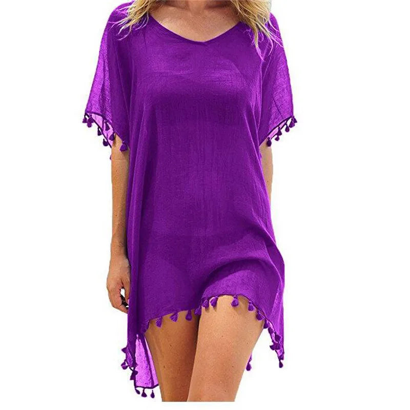 Summer Chiffon Tassels Beach Dress Women Swimwear Bikini Cover Up Female Mini Loose Solid Pareo Tops Swimsuit