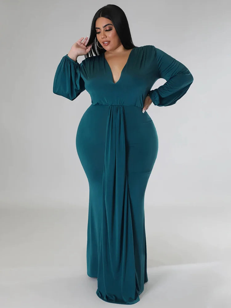 Wmstar Plus Size Party Dresses for Women Long Sleeve Stretch Sexy V Neck Elegant Maxi Dress Fall Clothes Wholesale Dropshipping