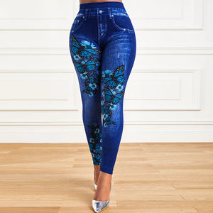 Plus Size Oversized Women High Waist Stretchy Legging Denim Look Skinny Jeggings Ladies Fashion Print Pencil Pants Clothing 2023