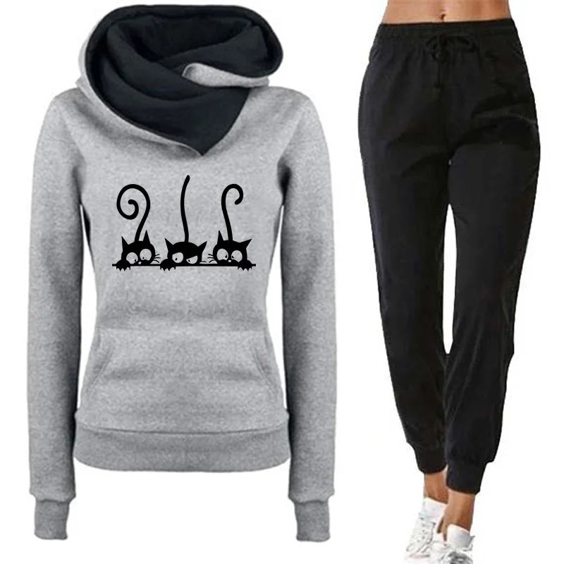 Women's Cute Cat Hooded Outfits Hoodies and Jogger Pants High Quality Ladies Daily Casual Sports Jogging Suit