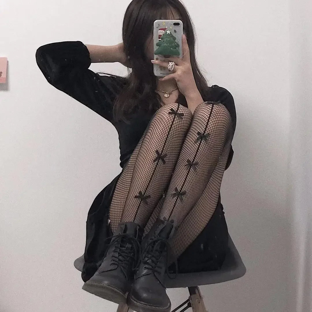 Women Sexy Mesh Fishnet Tights Stockings Pantyhose Bows Transparent Gothic Party Club White Black Women Netting Socks Lingeries