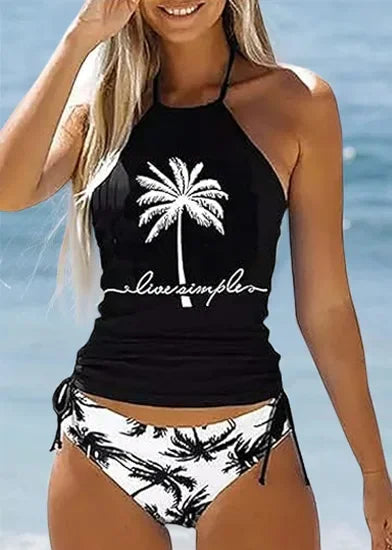 Women 2 Pieces Swimsuit Coconut Tree Print Swimwear Sexy Halter Lace-Up Swimwear Drawstring Bikini Top Push Up Beachwear Tankini