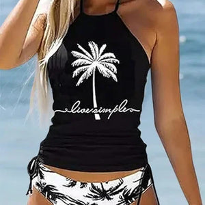 Women 2 Pieces Swimsuit Coconut Tree Print Swimwear Sexy Halter Lace-Up Swimwear Drawstring Bikini Top Push Up Beachwear Tankini