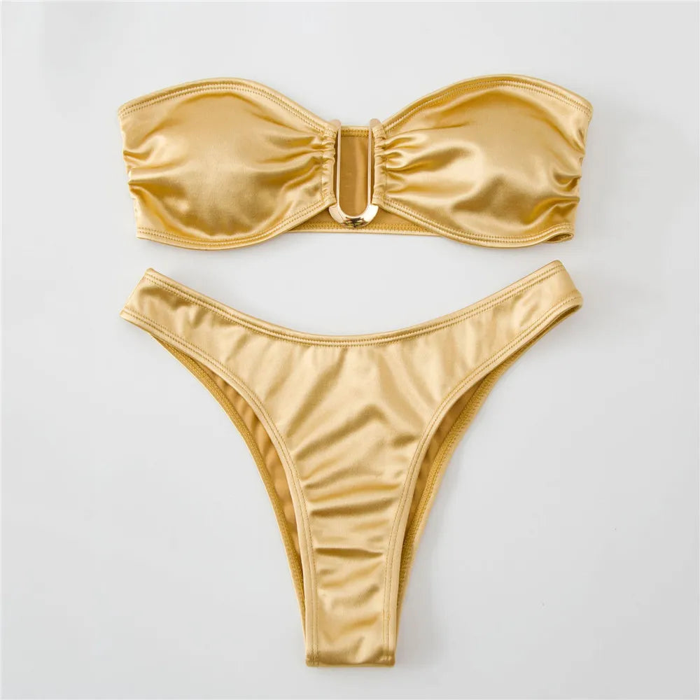 Sexy U Shaped Bandeau Bikinis Set Mujer Strapless Swimwear Women Gold Swimsuit Bathing Suit Biquinis Brazilian Bikini Swim 2024