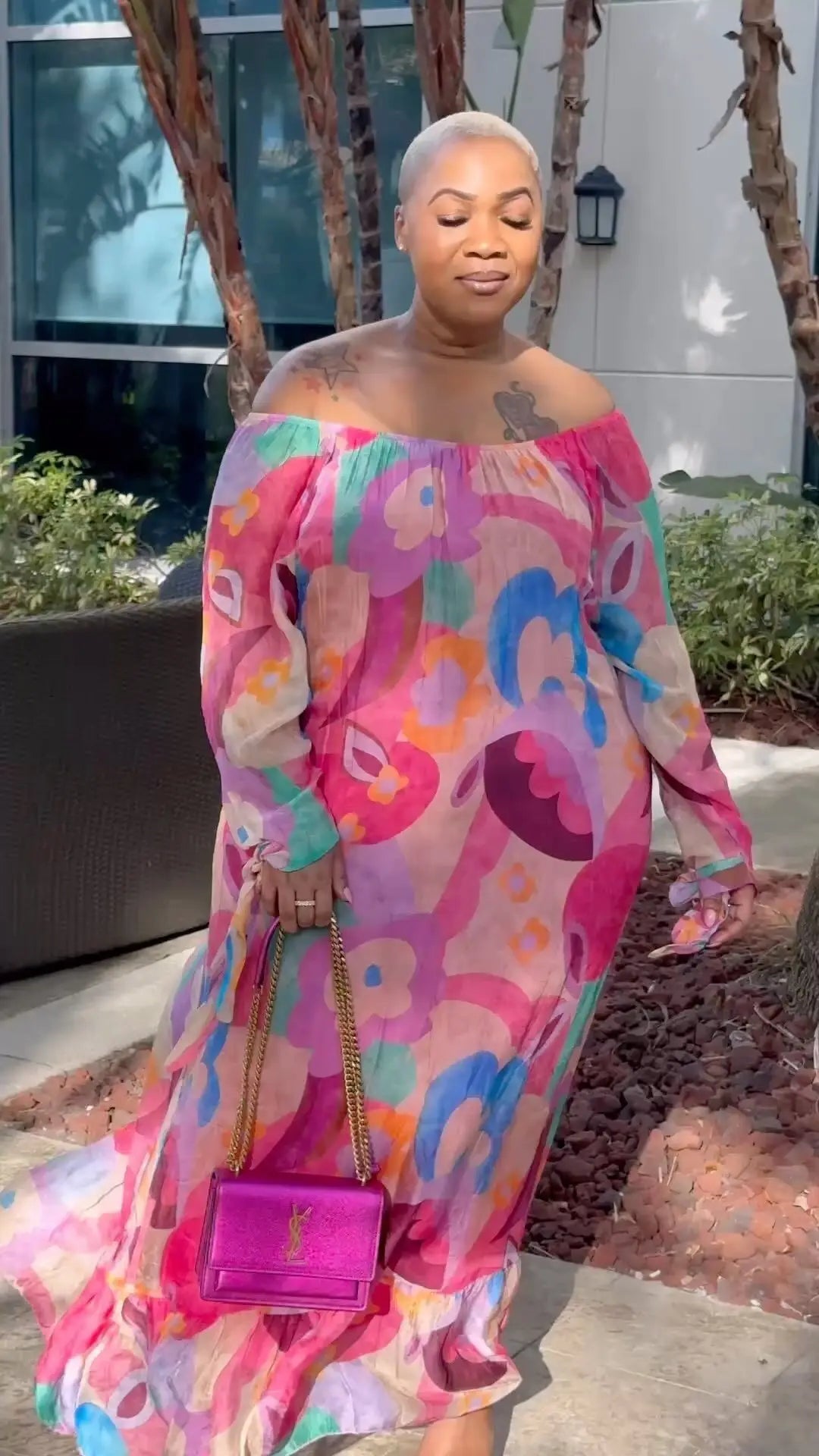 CM.YAYA Plus Size Women Floral Abstract Off Shoulder Long Sleeve Straight Loose Maxi Long Dress 2023 Summer Curve Fashion Dress