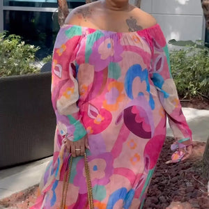 CM.YAYA Plus Size Women Floral Abstract Off Shoulder Long Sleeve Straight Loose Maxi Long Dress 2023 Summer Curve Fashion Dress