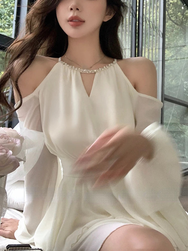 Jielur Summer Elegant Chiffon Mini Dress Women Long Sleeve Even Party Dresses Office Lady Chiffon One Piece Dress Korean Fashion