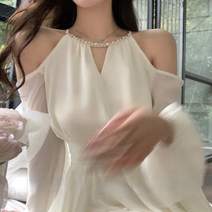 Jielur Summer Elegant Chiffon Mini Dress Women Long Sleeve Even Party Dresses Office Lady Chiffon One Piece Dress Korean Fashion