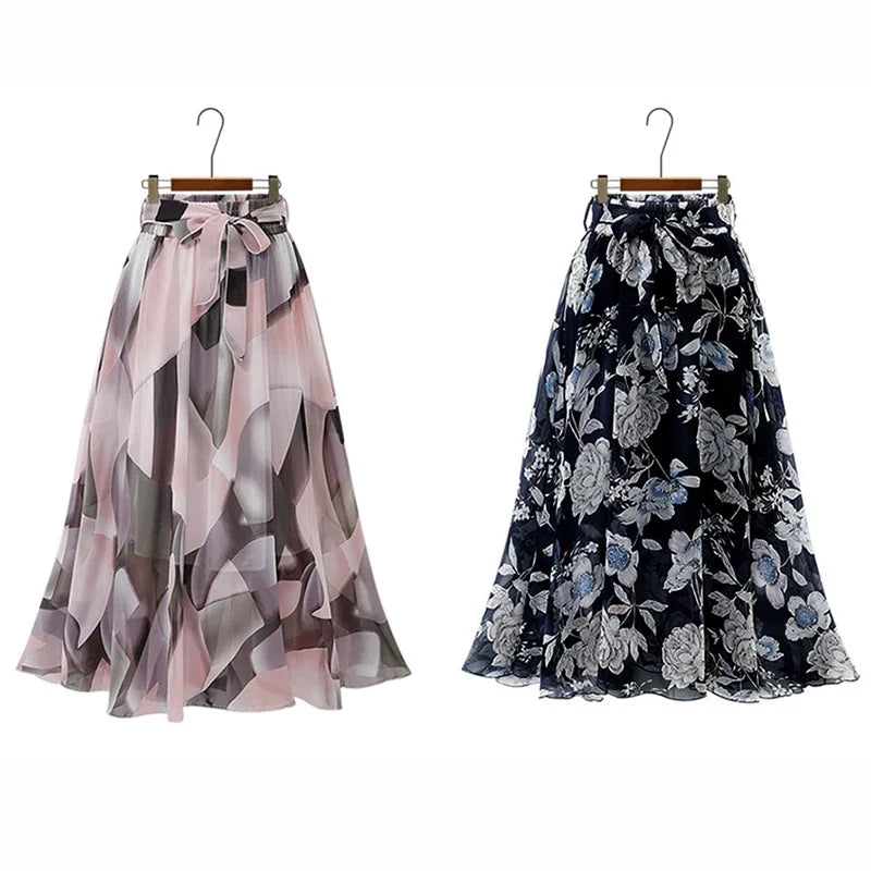 2024 Summer Print Floral Skirts For Women Casual Loose Elastic Waist Plus Size Skirt Belt A-line Chiffon Beach Saias Midi Femme