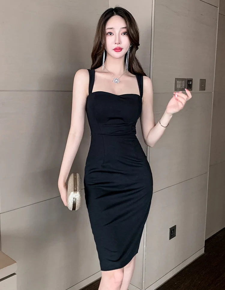 Sweet Fashion Slash Neck Long Dress Sexy Office Lady Straps Slim Medium Dress Elegant Women 2023 New Sweet Spice Girls 4CWT