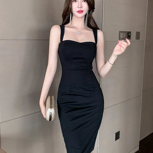 Sweet Fashion Slash Neck Long Dress Sexy Office Lady Straps Slim Medium Dress Elegant Women 2023 New Sweet Spice Girls 4CWT