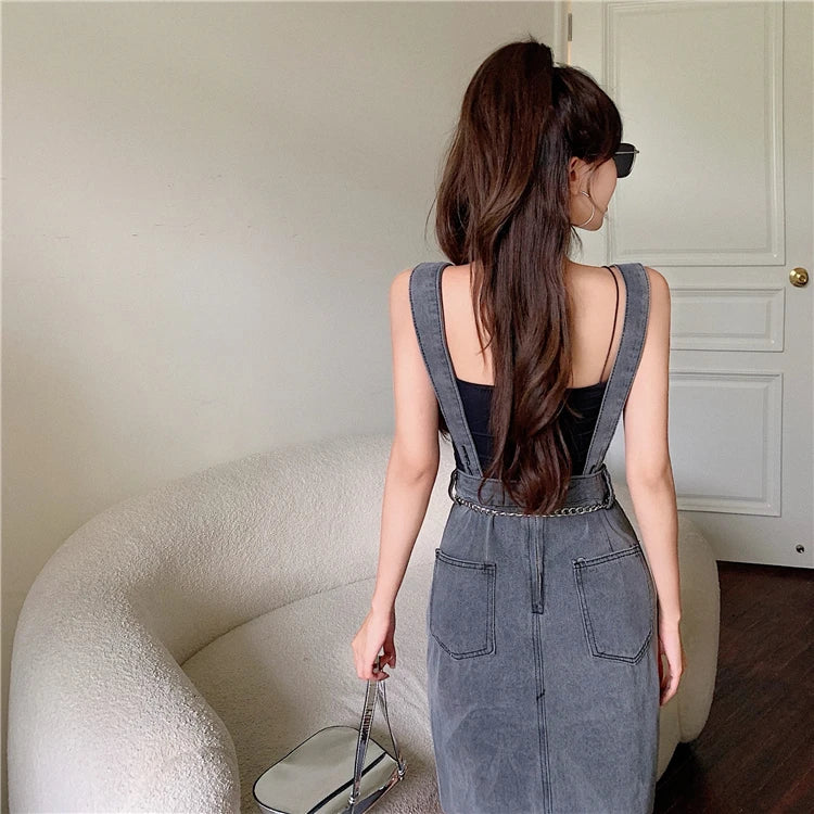 Sleeveless Women Denim Suspender Dress Spring New Midi Skirt Blue Korean Fashion Polo Collar Streetwear Female Braces Slit Dress