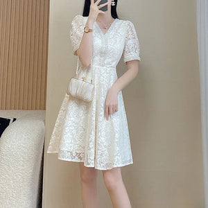 Retro Lace Sequins Beaded Chic Elegant White Party Dresses for Women Summer Fashion V Neck Short Sleeve Slim Midi Dress Vestidos