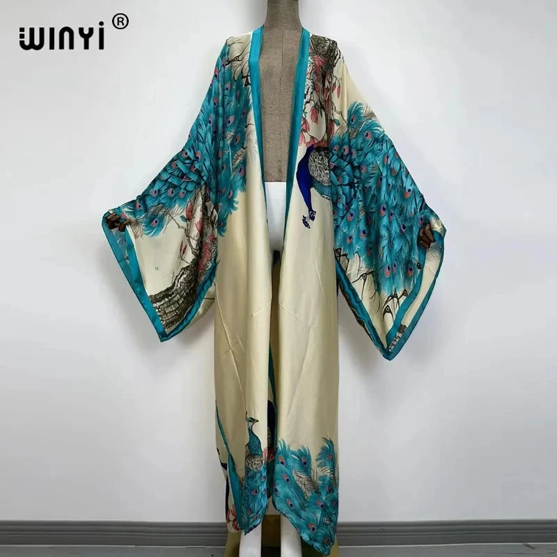 WINYI 2022 Summer Women Cardigan stitch Cocktail sexy Boho Maxi African Holiday Batwing Sleeve Silk feeling Robe kimono kaftan