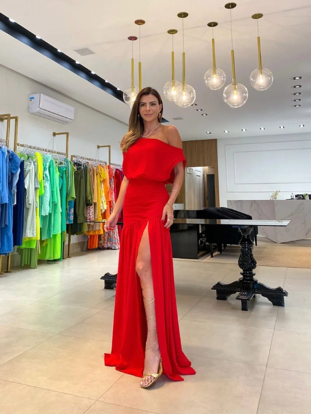 Summer Fashion Elegant Oblique Neck Split Evening Dress Women Sexy Off Shoulder Solid Split Dress Women