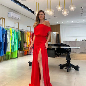 Summer Fashion Elegant Oblique Neck Split Evening Dress Women Sexy Off Shoulder Solid Split Dress Women