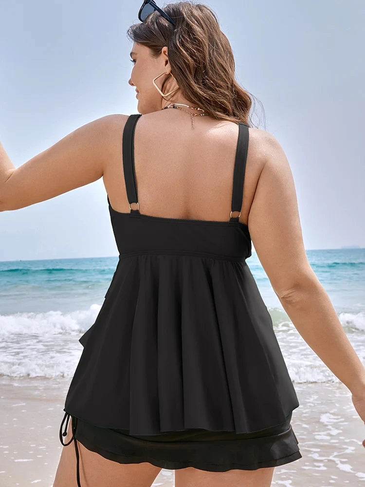 2024 Plus Size Two Piece Tankini Set Woman Swimsuit Knotted Front Ruffle  Swim Dress Abdomen Control Chubby Swimwear 2 Pieces