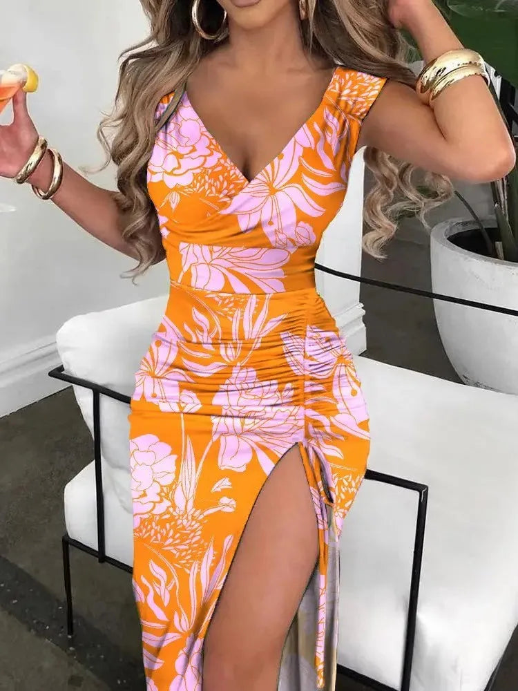 Summer Women Print Dress Fashion Casual Elegant V-neck Sleeveless Bodycon Beach Party Dresses Robe Femme 2024 New Vestidos