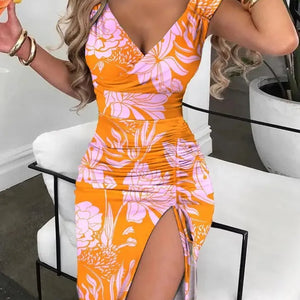 Summer Women Print Dress Fashion Casual Elegant V-neck Sleeveless Bodycon Beach Party Dresses Robe Femme 2024 New Vestidos