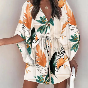 Summer Casual Dress Women Fashion Flying Sleeve V-neck Print Beach Party Dresses Elegant Lace Up Mini Dress Robe Femme 2023 New