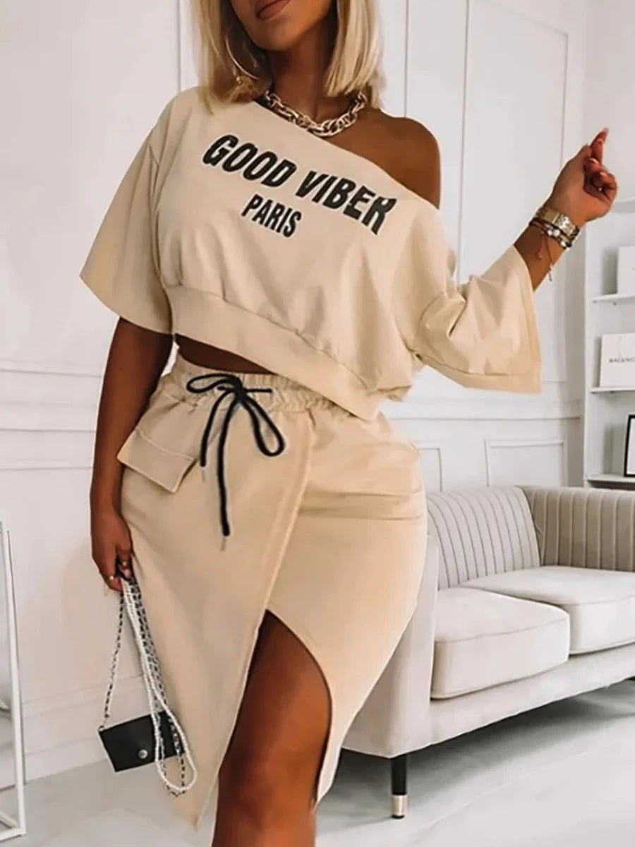 LW Plus Size Two Piece Good Viber One Shoulder Letter Print Set Crop Top+High Split Skirt Elegant Matching Outfits For Women