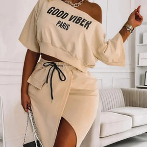 LW Plus Size Two Piece Good Viber One Shoulder Letter Print Set Crop Top+High Split Skirt Elegant Matching Outfits For Women