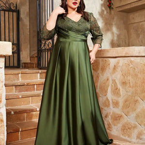 Mgiacy  plus size V-neck lace embroidery Mosaic satin cloth hand-folded long skirt Evening gown ball dress Party dress