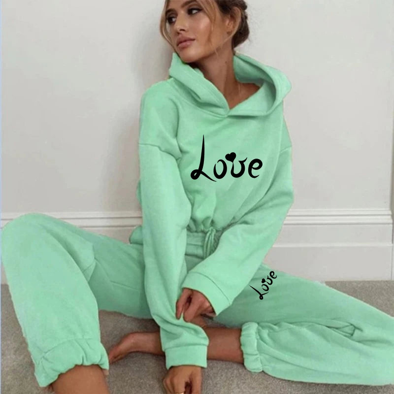 Womens Love Print Hoodie + Sweatpants 2-piece Sweat Suits Tracksuits Jogging Sports Suits Baseball Uniforms Track Suits Jogger