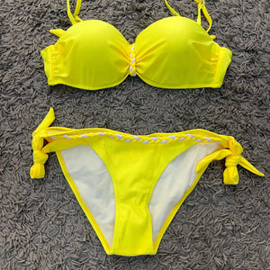 Yellow Backless Bandeau Swimwear Bikini Brazilian 2024 Push Up Bikinis Set Women Sexy Solid Swimsuit Bathing Suits 3XL