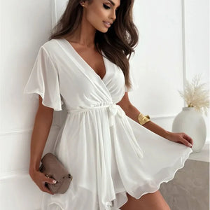 Summer Casual Party Dresses Sexy V-neck Cross Strap Mini Skirt Ruffled Hem Chiffon Dress Female Fashion Women White Black Dress