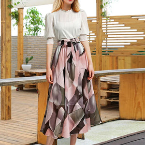 2024 Summer Print Floral Skirts For Women Casual Loose Elastic Waist Plus Size Skirt Belt A-line Chiffon Beach Saias Midi Femme