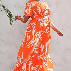 plus size New best-selling oversized loose V-neck dress for women with elastic waist  short sleeved printed long skirt