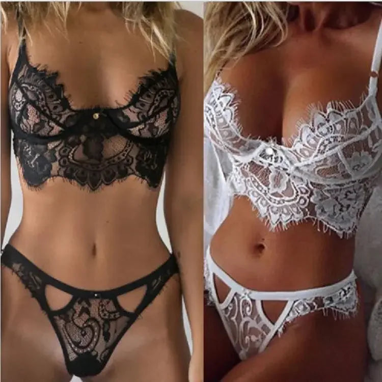 Sexy Lace Lingerie Set Sexy Plus Size Hot Underwear Women Set Bra&Panty Thong Set Transparent Lace Black Open Intimates