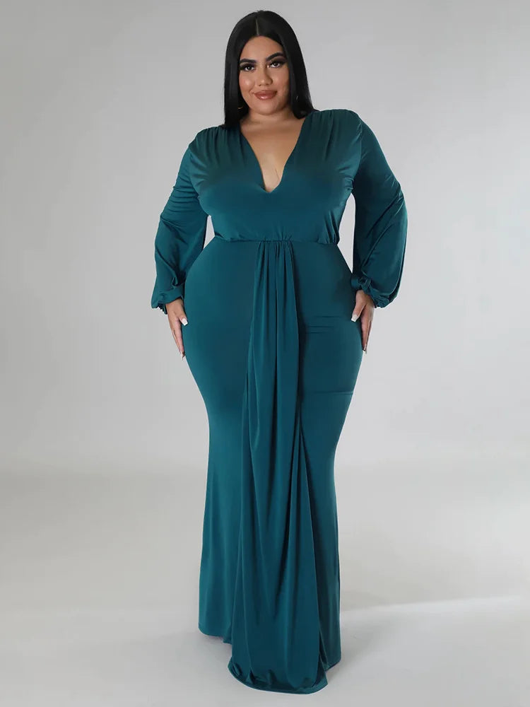 Wmstar Plus Size Party Dresses for Women Long Sleeve Stretch Sexy V Neck Elegant Maxi Dress Fall Clothes Wholesale Dropshipping